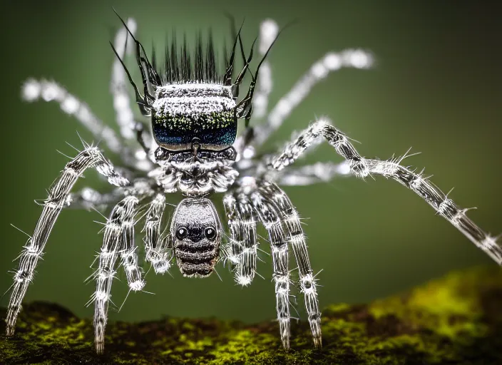 Image similar to macro portrait of a crystal spider in the forest. Fantasy magic style. Highly detailed 8k. Intricate. Nikon d850 300mm. Award winning photography.