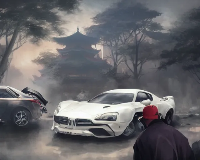 Image similar to the grim reaper standing over a 50 year old brunnette chinese man with puffy cheeks lying with closed eyes on the ground next to a white super car crash, horror scene, dramatic, anime art, Greg Rutkowski, studio ghibli, dramatic lighting