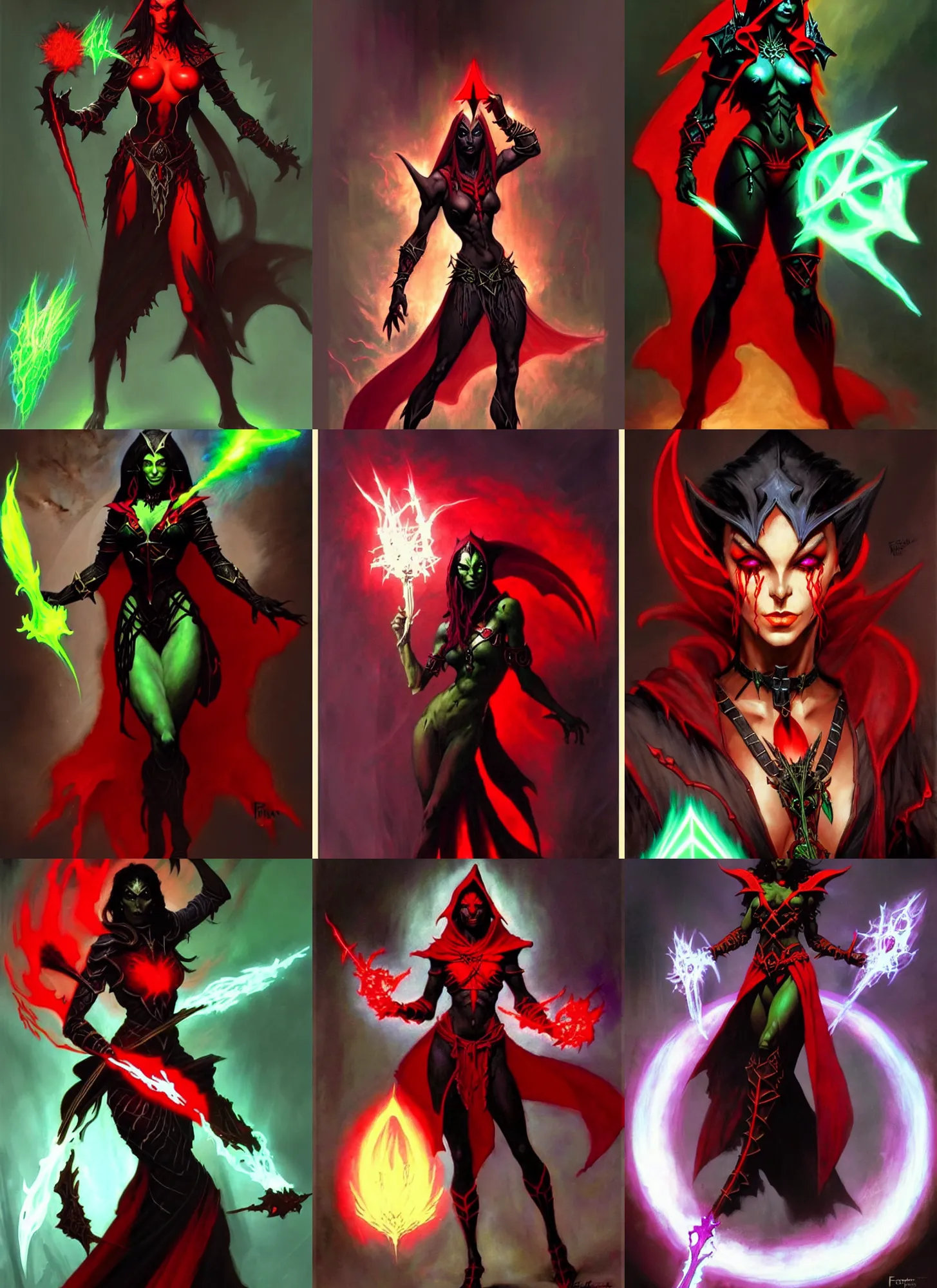 Prompt: magic : the gathering fantasy character concept art by franz frazetta, high resolution. a clear portrait of a beautiful, female dark elf warlock wearing red and black, casting a spell with glowing green energy, gritty coloring, intricate, digital painting, artstation, smooth, sharp focus