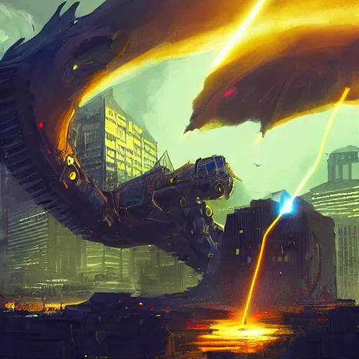 Image similar to enormous mech dragon firing a laserbeam at the center of a big city, cinematic, concept art, digital painting