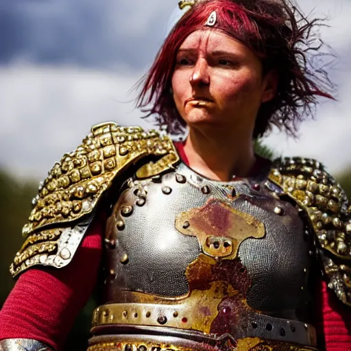 Prompt: photo of a female warrior with ruby encrusted armour