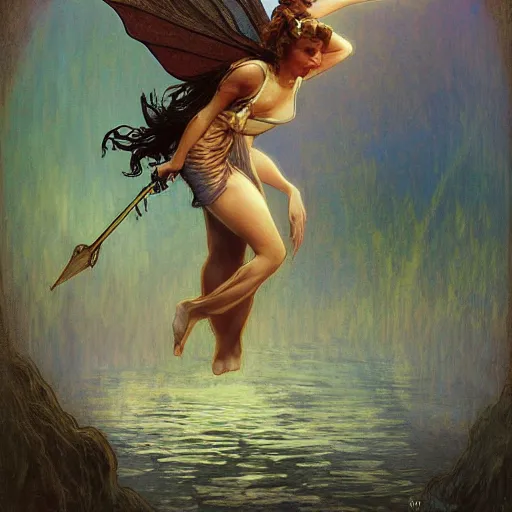 Prompt: Dark fantasy fairy flying over a lake, concept art, fantasy, award-winning art, 4k, sharp, dramatic lighting, cinematic, by Alphonse Mucha, James Gurney