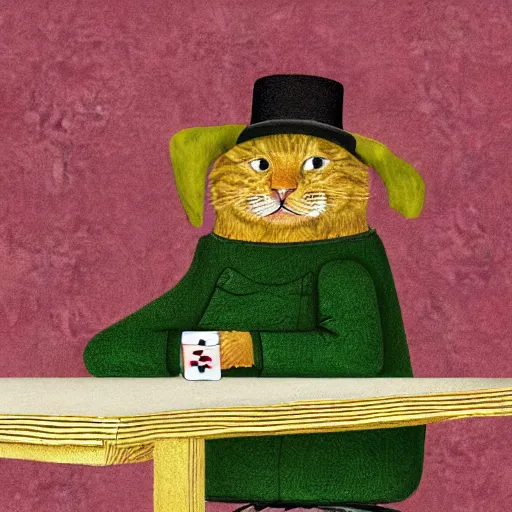 Image similar to digital art of ginger striped cat sitting at a table playing cards with an ox dressed in a green suede suit