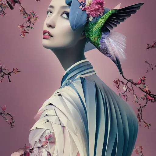 Prompt: 3 / 4 view of a beautiful girl wearing an origami dress, eye - level medium shot, fine floral ornaments in cloth and hair, hummingbirds, elegant, by eiko ishioka, givenchy, carl - gustav carus, by peter mohrbacher, centered, fresh colors, origami, fashion, detailed illustration, vogue, japanese, reallusion character creator