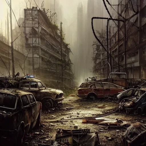 Prompt: postapocalyptic city of munic!!!, wild forest!!! vegetation!!!, rubble!!, rusty bmw cars!!, hyperrealistic, highly detailed, cinematic, foggy light from fires, beautiful, cgssociety, artstation, 8 k, oil painting by greg rutkowski, by artgerm, by wlop