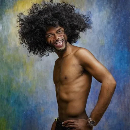 Image similar to black man with curly hair dancing inside a equipped photography studio by himself, intricate details, happy, impressionist painting, figurative painting