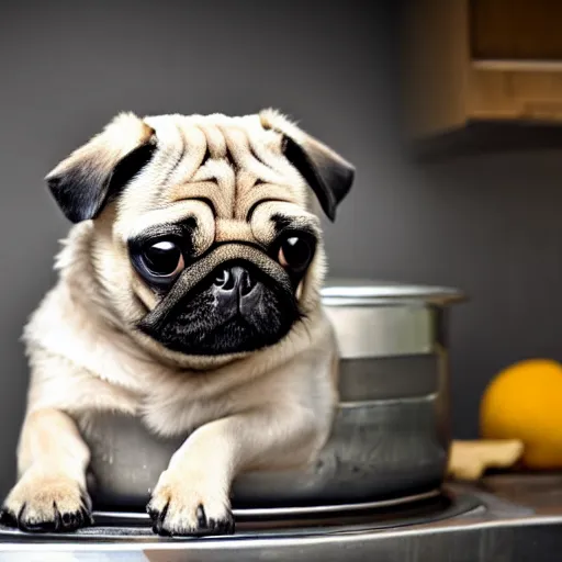 Prompt: An adorable pug sitting in a pot of water atop a stove, high resolution photograph