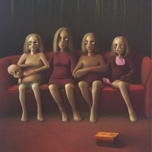 Prompt: a painting of a family sitting on a couch watching tv by Zdzisław Beksiński, award winning painting, detailed, 8k, hd