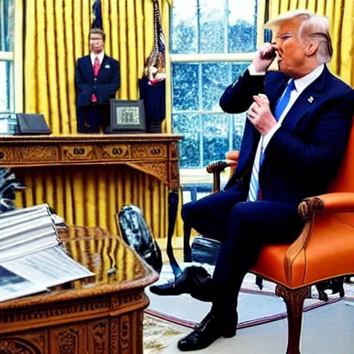 Image similar to Trump drinking out of a hipflask in the Oval Office, newspaper picture, pulitzer-prized photo