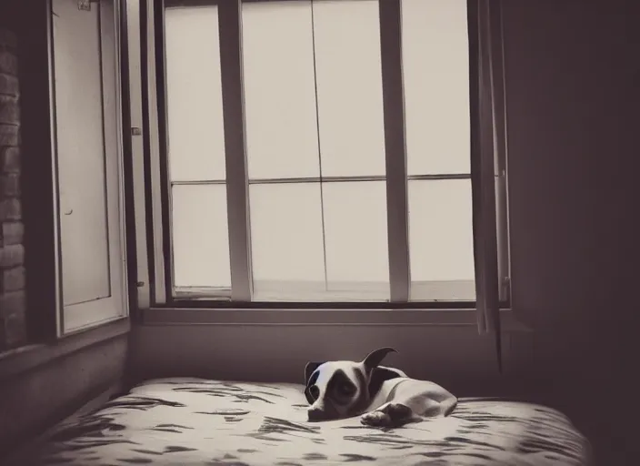 Image similar to photography of a Jack Russel . watching outside the window. on a bed. in a vintage room full of vinyls and posters.,volumetric light, photorealistic,, award winning photo, 100mm, sharp, high res