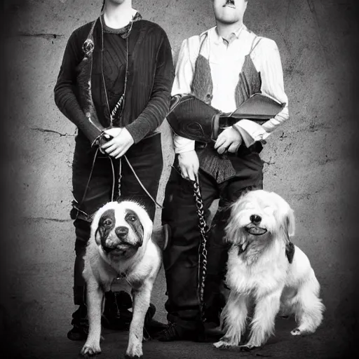 Image similar to black and white vintage portrait of a ragtag team of three dogs as a crew of thieves in a dark steampunk setting