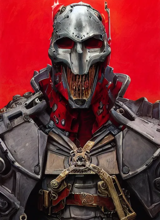 Image similar to portrait of rotten Nicolas Cage as adeptus mechanicus in red hood and robe from Warhammer 40000. Highly detailed, artstation, illustration by and John Blanche and zdislav beksinski and wayne barlowe