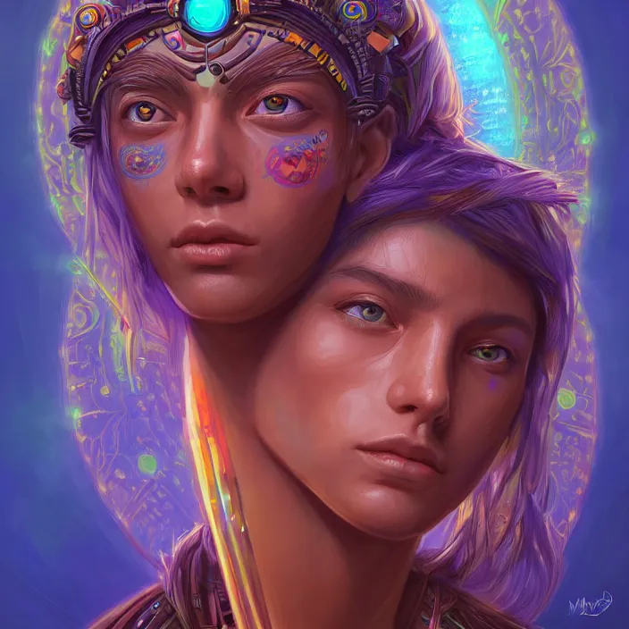 Image similar to portrait of a future metaverse ayahuasca tech shaman warrior, 2 d cartoon, visionary art, symmetric, magick symbols, holy halo, shipibo patterns, sci - fi, concept art, trending on art station, 8 k digital art, by mandy jurgens, fantasy portrait art, anime