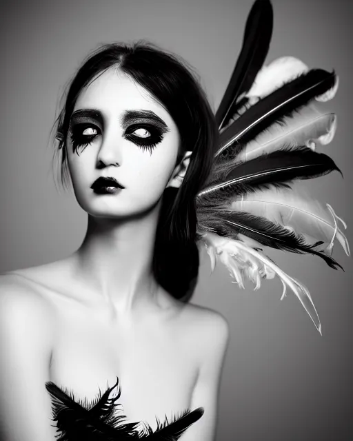 Image similar to surreal mythical dreamy dark artistic black and white fine art photo of a young delicate female - orchid - bird - cyborg bust with feather hair, rim light, cinematic, studio dramatic light, poetic, octane render, 8 k, photo - realistic