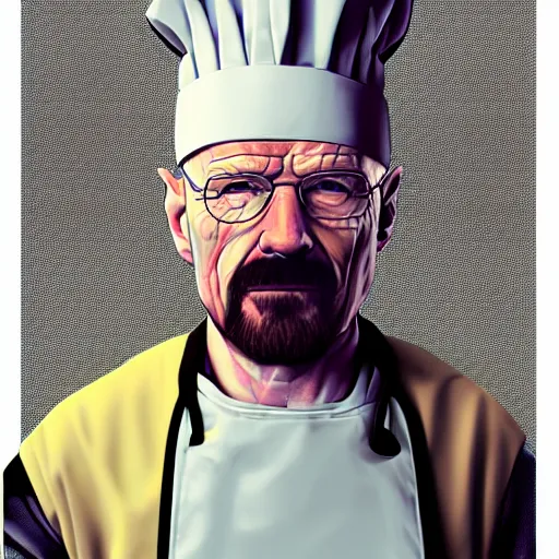 Image similar to Walter White dressed as a cook, digital art, artstation, high detailed, high rendering, high quality,