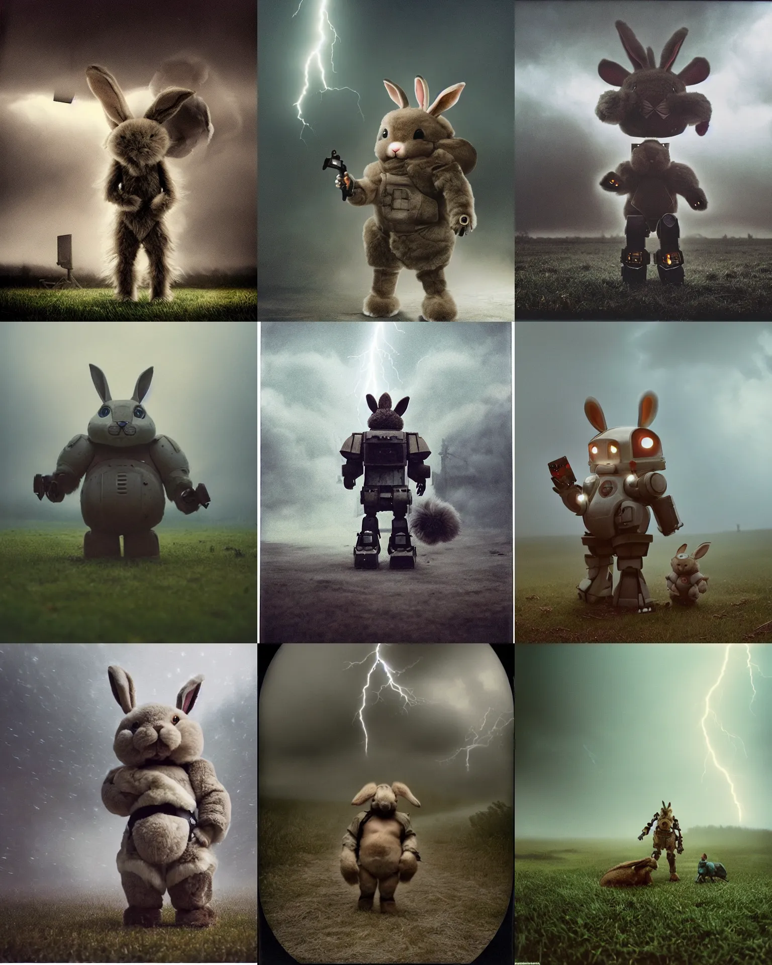 Prompt: giant oversized battle rabbit robot chubby mech baby with big ears and fur on a village, full body , Cinematic focus, Polaroid photo, vintage , sharp focus ,neutral colors, soft lights, foggy mist , hurricane storm lightning, by gregory crewdson!!!