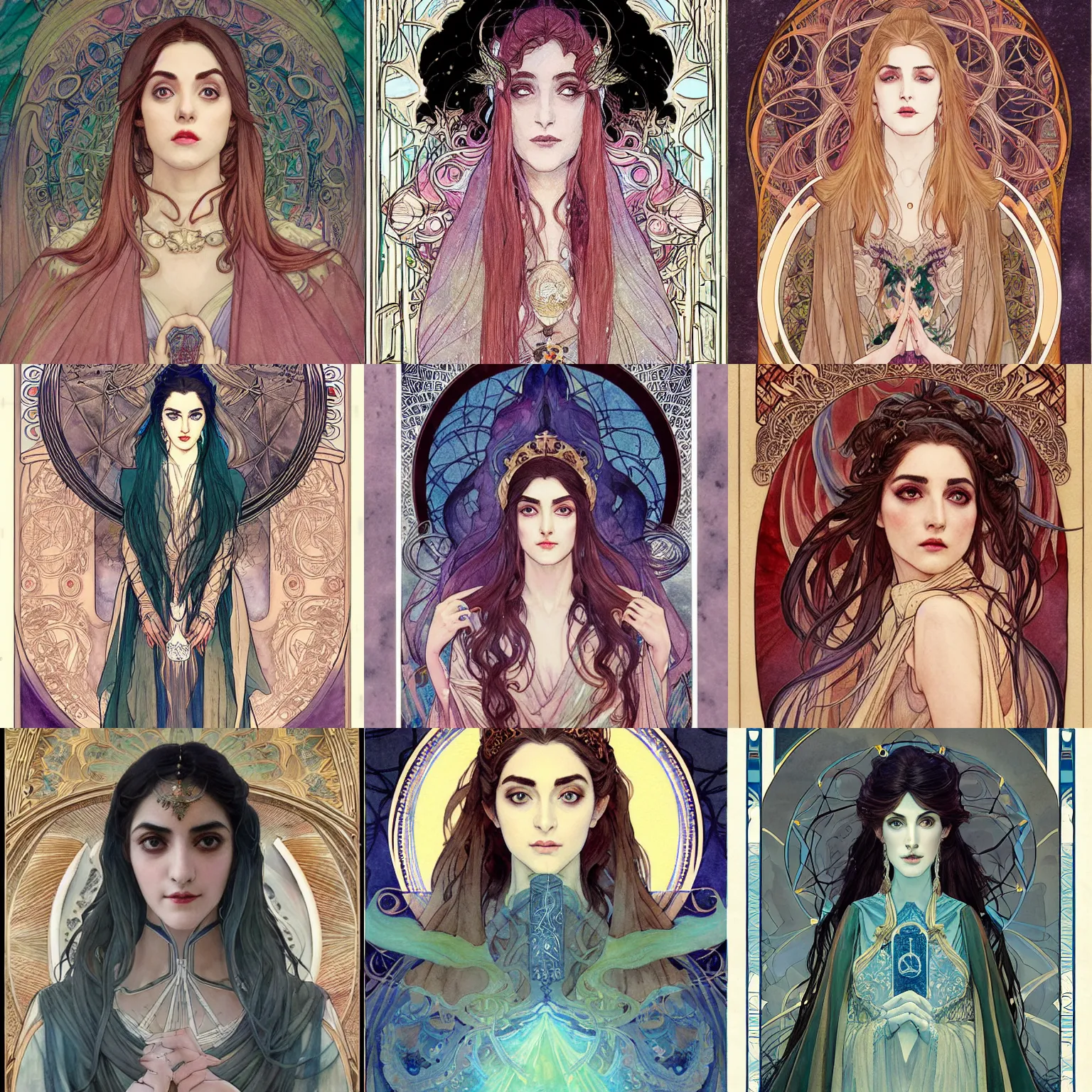 Prompt: masterpiece head-on symmetrical centered painted portrait, Maya Ali as D&D sorcerer, hand drawn Art Nouveau illustration watercolour, wearing wizard robes, delicate, elegant, tarot card background, in the style of ROSSDRAWS and Ruan Jia and Ross Tran and Alphonse Mucha and Ayami Kojima and Charlie Bowater and Karol Bak and Jean Delville, rich bright colours