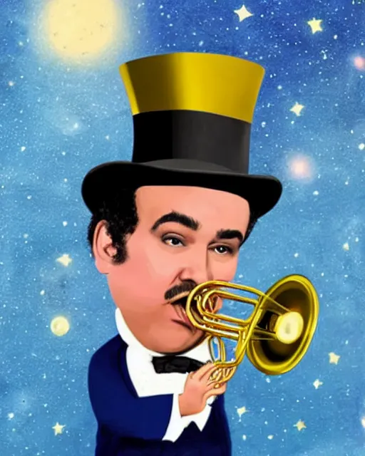 Prompt: ian karmel playing a french horn, wearing a top hat, with a space background in the style of gifford beal