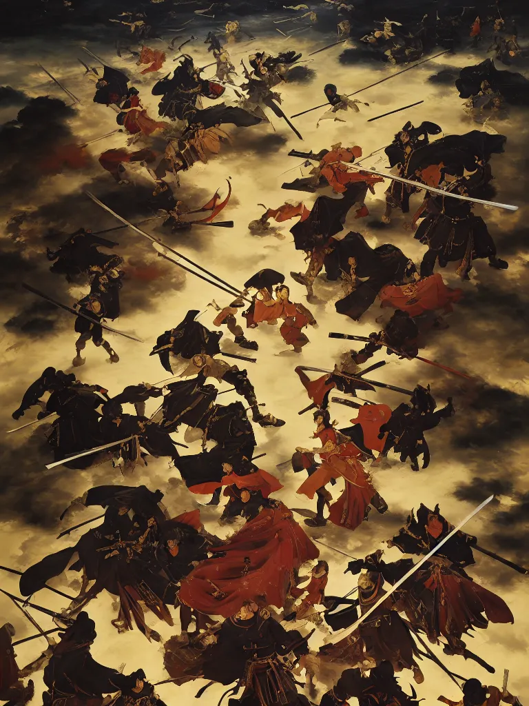 Image similar to baroque oil painting of key visual large scale samurai battle, brutalist fantasy, rule of thirds golden ratio, fake detail, trending pixiv fanbox, acrylic palette knife, style of makoto shinkai ghibli takashi takeuchi yoshiyuki sadamoto jamie wyeth james gilleard greg rutkowski chiho aoshima