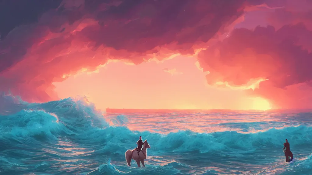 Image similar to a horse riding along a pink beach with impossibly large waves crashing against the shoreline, beautiful twilight sunset background, by sylvain sarrailh, rossdraws, ambient light, ultra detailed, fantasy artwork, 8 k, volumetric lighting, trending on artstation, award winning, very beautiful.