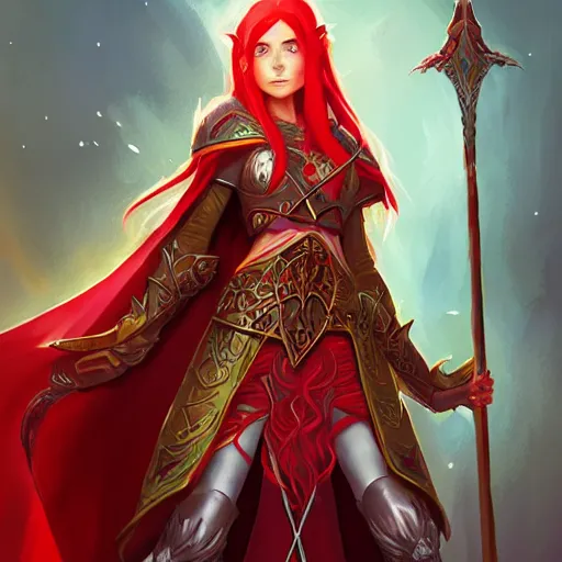 Image similar to a female elven cleric with red long hair, very good beautiful heavy scale armor, wearing a cape, casting a fire spell, dungeon background, magical, bright, colorful, fantastic lighting, amazing details, 4 k uhd, illustration by stephanie brown and mingchen shen and ilya kuvshinov, artstation, pixiv, concept art,