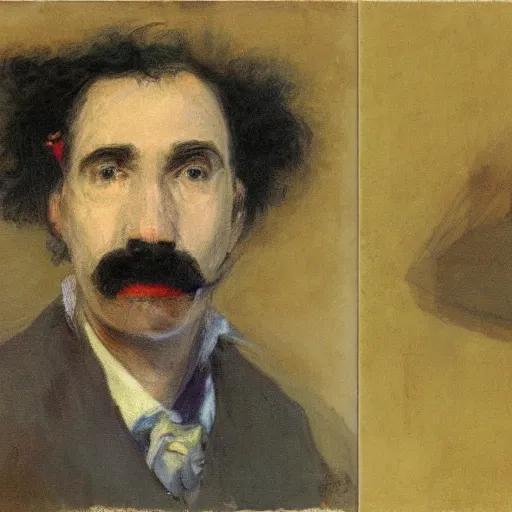 Prompt: detailing character concept portrait of clown by James McNeill Whistler, on simple background, oil painting, middle close up composition