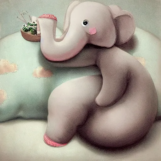 Image similar to “falling asleep with cute elephants made from clouds, illustration, detailed, smooth, pink white and green, by adolf lachman”