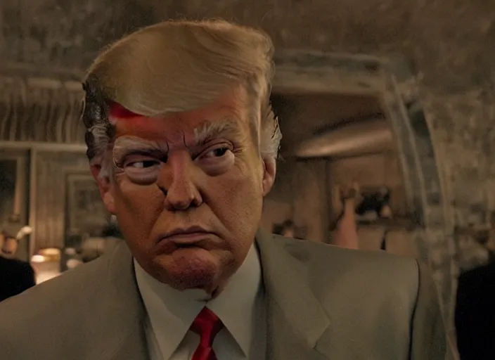 Prompt: screenshot from moody scene of Donald Trump in a lair, scene from the film Batman and Rob 1997 film directed by Joel Shoemacher, kodak film stock, anamorphic lens, 4K, detailed set design, stunning cinematography