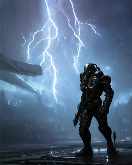 Image similar to oil painting of sci-fi Krogan in thunderstorm, sharp focus, holding sci-fi rifle, magical aura, heroic pose, fantasy style, octane render, volumetric lighting, 8k high definition, by greg rutkowski, highly detailed, trending on art Station, magic the gathering artwork, Spaceship hallway background, centered, horror, sci-fi artwork, demonic