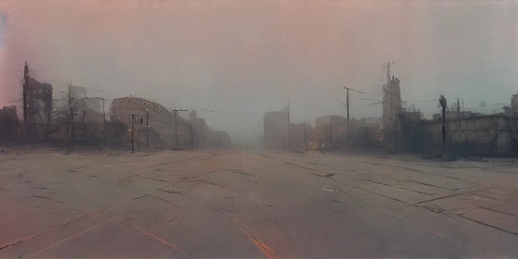 Image similar to a melancholic post-apocalyptic Moscow, Kreml, destroyed by nuclear bomb, mutants roaming in the evening , atmosphere of silent hill, Todd Hido, painting by Diebenkorn, colors by Mark Rothko