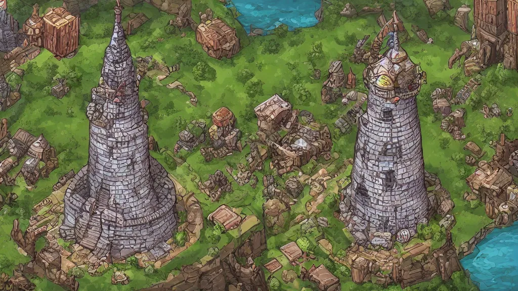 Image similar to aerial view of a wizard tower that's surrounded by resources, lineart from a resource gathering game