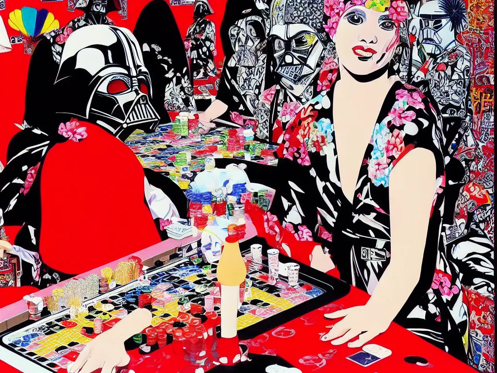 Image similar to hyperrealism composition of the detailed woman in a japanese kimono sitting at an extremely detailed poker table with darth vader, terminator, fireworks on the background, pop - art style, jacky tsai style, andy warhol style, acrylic on canvas