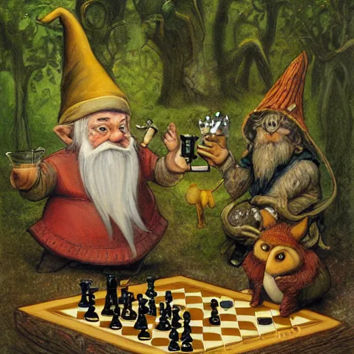 Prompt: A very detailed painting of a gnome playing chess with a troll in a forest, with wood animals watching them, by Brian Froud