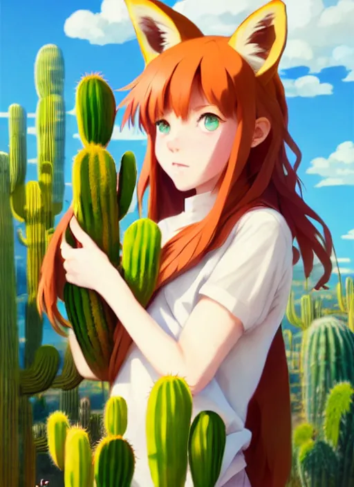 Image similar to portrait of cute redhead girl with fox ears, holding a cactus, cloudy sky background lush landscape illustration concept art anime key visual trending pixiv fanbox by wlop and greg rutkowski and makoto shinkai and studio ghibli