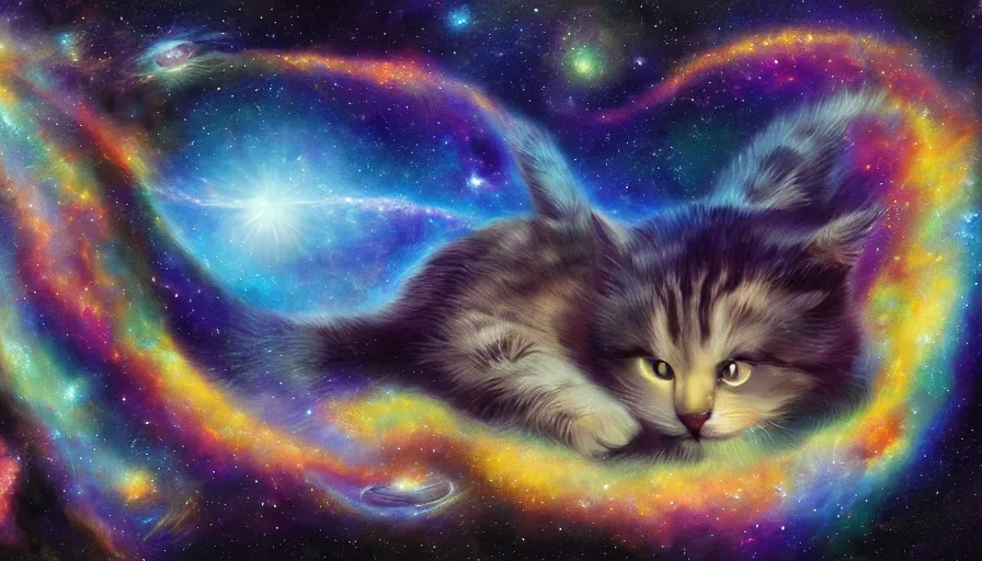 cat god swimming in between galaxies, painting