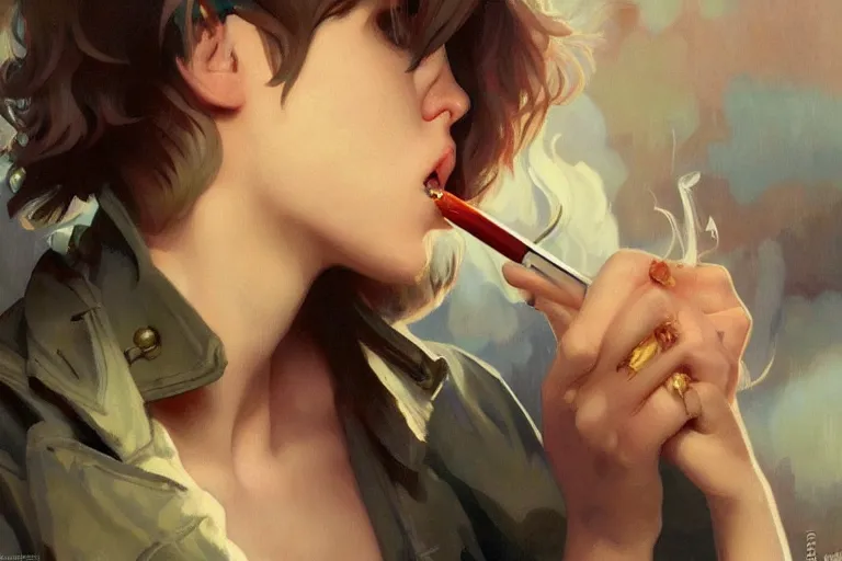 Image similar to Miley Cyrus smoking a joint, highly detailed, digital painting, artstation, concept art, smooth, sharp focus, illustration, art by Krenz Cushart and Artem Demura and alphonse mucha