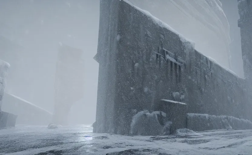 Image similar to the wall in the snowstorm, doomy, Unreal Engine, cinematic photography, highly-detailed, games of thrones, HBO, high resolution, 8k, photorealistic, stunning volumetric lighting