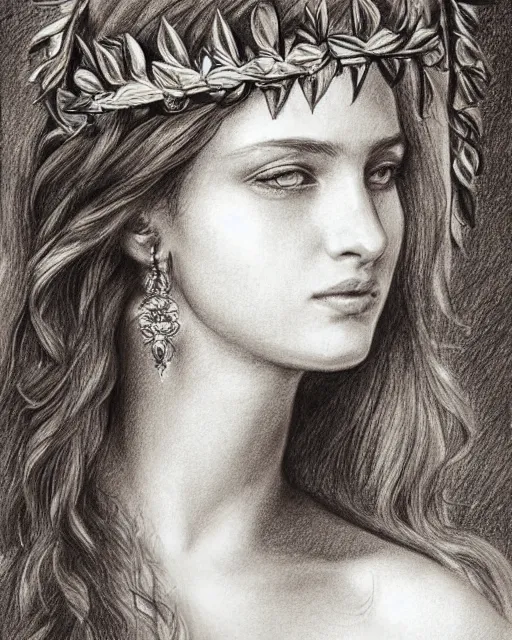 Image similar to pencil drawing of a beautiful greek goddess aphrodite wearing a laurel wreath and arrowhead earrings, beautiful confident and piercing eyes, beautiful flowing hair, hyper realistic face, in the style of greg rutkowski, fantasy, amazing detail, epic, elegant, smooth, sharp focus, from the front