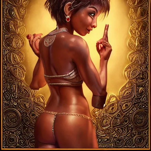 Prompt: a short haired genie, female, young, brown hair, brown skin, abs, emerging from her lamp, confident and smiling, insanely detailed and intricate, hypermaximalist, elegant, ornate, hyper realistic, super detailed, Art Deco, cinematic, trending on artstation, magic the gathering artwork, centered