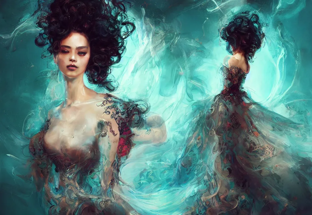 Image similar to full body portrait of a trio of 1 9 years old girl figures, curly messy high bun hairstyle, oriental tattoos, jewelry, subject wearing a high fashion gown, flowing, beautiful, dramatic, cinematic lighting, highly detailed, few vivid turquoise highlights, by ross tran and jeremy mann, artstation, pixiv