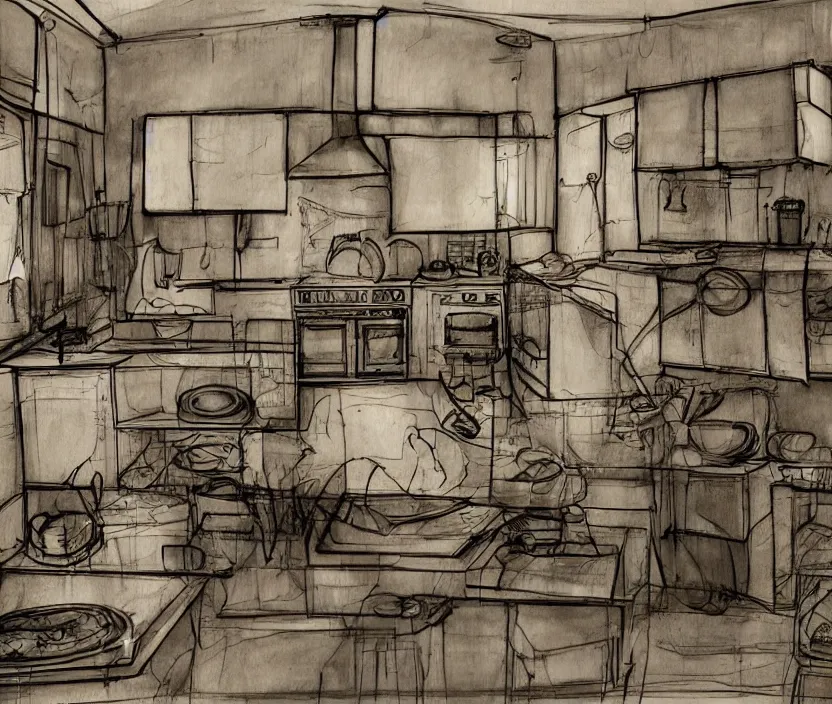 Image similar to An of interior of a kitchen at night, rotoscoped, rotoscope, photoshop, photomanipulation, realism, painting, illustration and sketch, weird scribbles, hybrid styles, hybrid art styles, mismatched, trending on artstation, trending on deviantart, weird, quirky, interesting, very detailed, highly detailed, HD Quality, 4k resolution, 8k resolution, in the style of David Firth, in the style of James Lee, in the style of Drue Langlois,