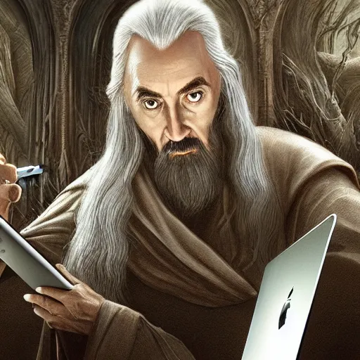 Image similar to Saruman writing code on a apple macbook, fantasy art, detailed, Lord of the rings, trending