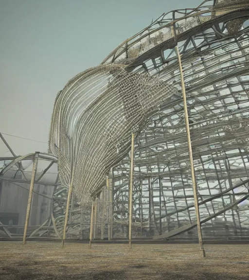 Prompt: hemp ropes in structure, former gasometer in rome, white sheets, trending on artstation, behance, octane render, award winning, archviz, matte painting, epic