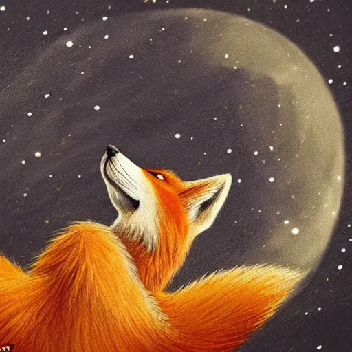 Prompt: furry fox looking up at the night sky, fantasy, high detail