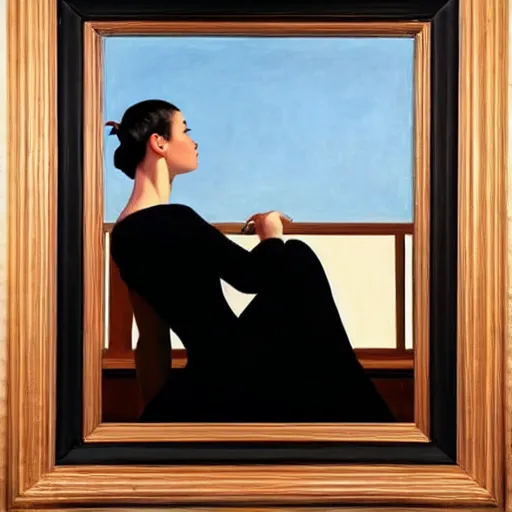 Image similar to artwork painting of a ballet dancer in a black tutu standing in front of a window with perfect blue sky by jack vettriano h 6 4 0