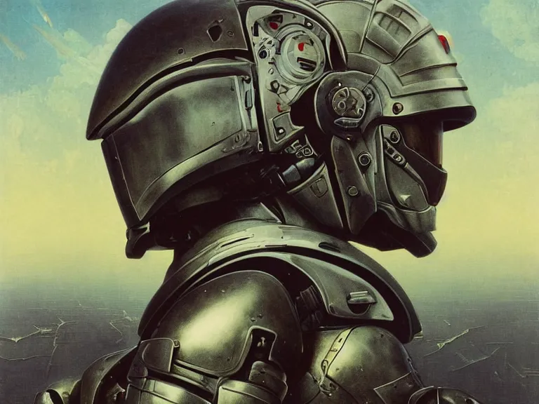 Image similar to a detailed profile painting of a bounty hunter in armour and visor, cinematic sci-fi poster. Spaceship high in the background. Flight suit, anatomy portrait symmetrical and science fiction theme with lightning, aurora lighting clouds and stars. Clean and minimal design by beksinski carl spitzweg and tuomas korpi. baroque elements. baroque element. intricate artwork by caravaggio. Oil painting. Trending on artstation. 8k