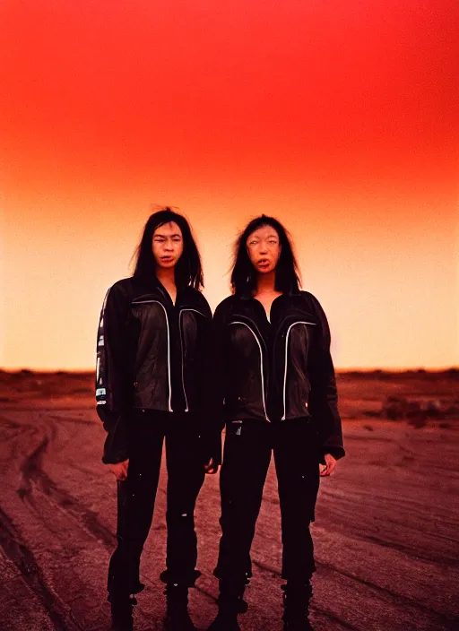 Prompt: cinestill 5 0 d photographic portrait of two loving clones, women wearing rugged black techwear on a desolate plain with a red sky, closeup, diverse species, cyberpunk, in front of a brutalist dark metal facility, dust storm, 3 5 mm, 8 k, f / 1 6, high resolution, ultra realistic faces, beautiful faces