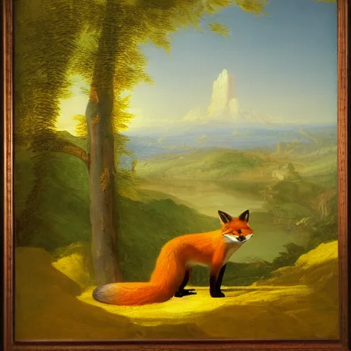 Prompt: A fox in a yellow dress by Thomas Cole, Carl Friedrich Deiker, and Robert Cleminson