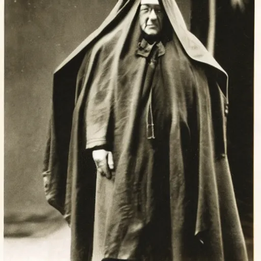 Image similar to aleister crowley wearing a dark hooded cloak