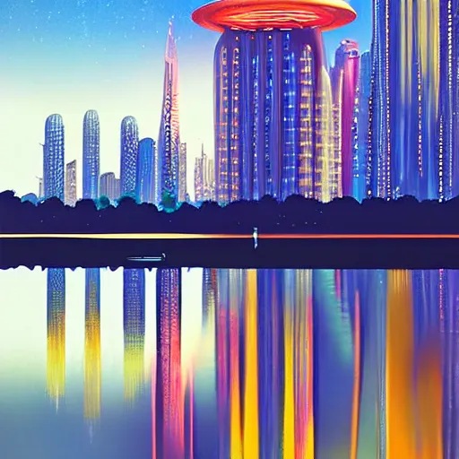 Prompt: futuristic science fiction magical building towering above the river, reflection on the water, beautifully lit, by Alena Aenami